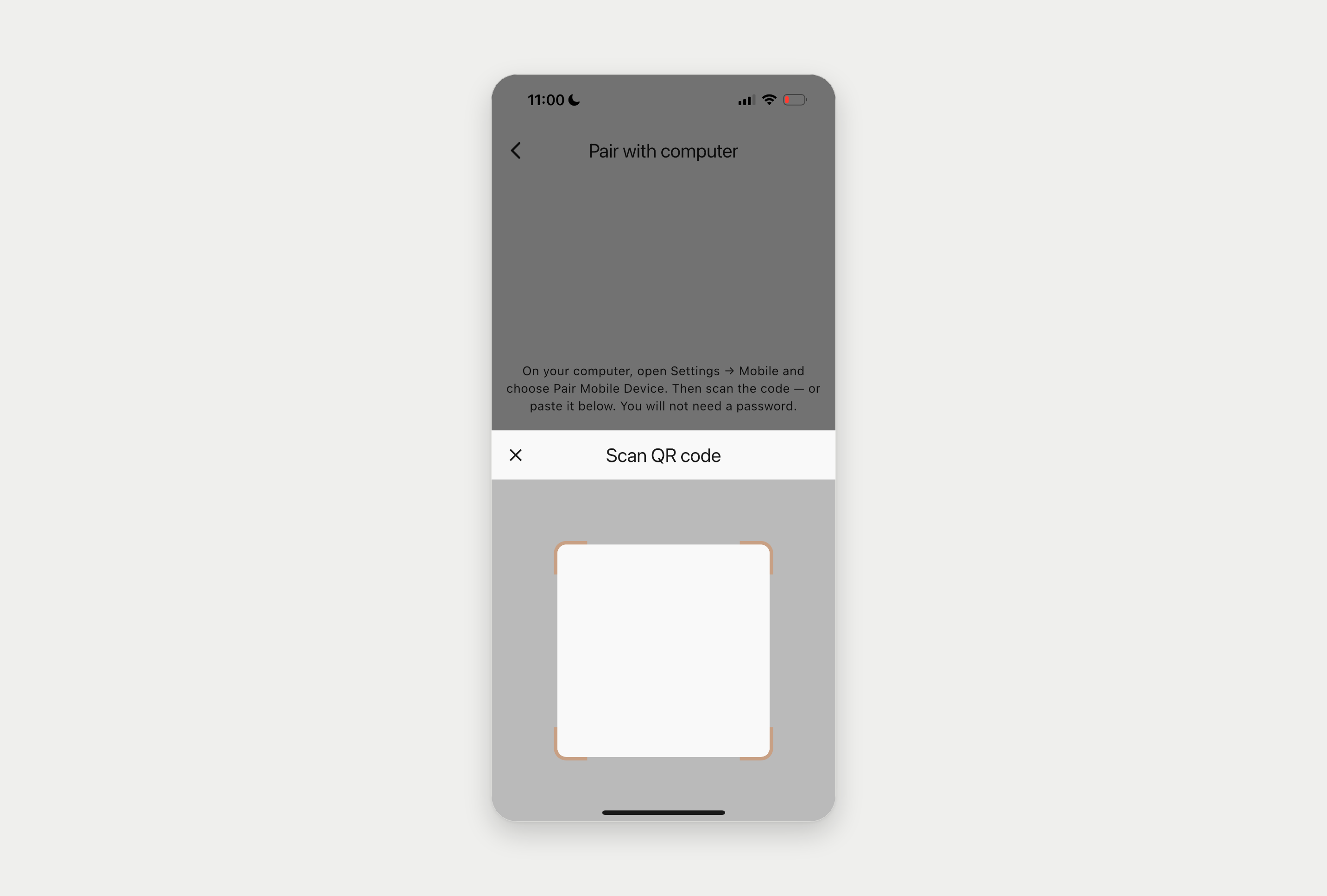 AG2 Space on iPhone: Pair with computer, with the Scan QR code sheet open